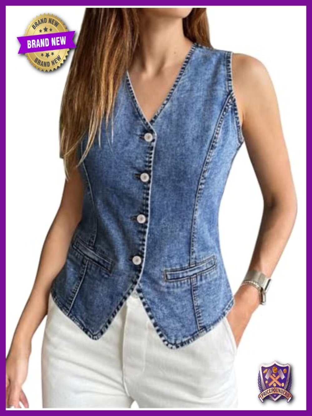 Sleeveless Stretchy Denim Vest Button Down Jean Waistcoat Top